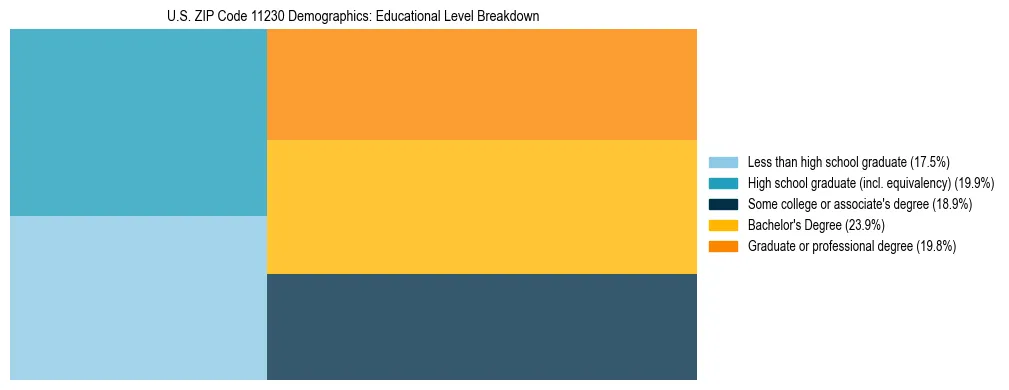 Treemap chart illustrating the educational attainment breakdown for population 25 years and over in US ZIP Code 11230.