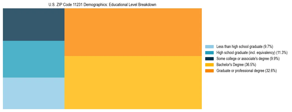 Treemap chart illustrating the educational attainment breakdown for population 25 years and over in US ZIP Code 11231.
