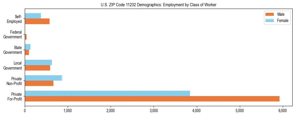 Horizontal bar chart showing employment distribution by class of worker and gender in US ZIP Code 11232, based on 2023 ACS data.
