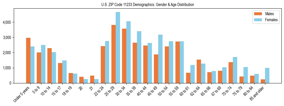 Bar chart showing the population distribution of US ZIP Code 11233 by age group and gender, based on 2023 ACS data.