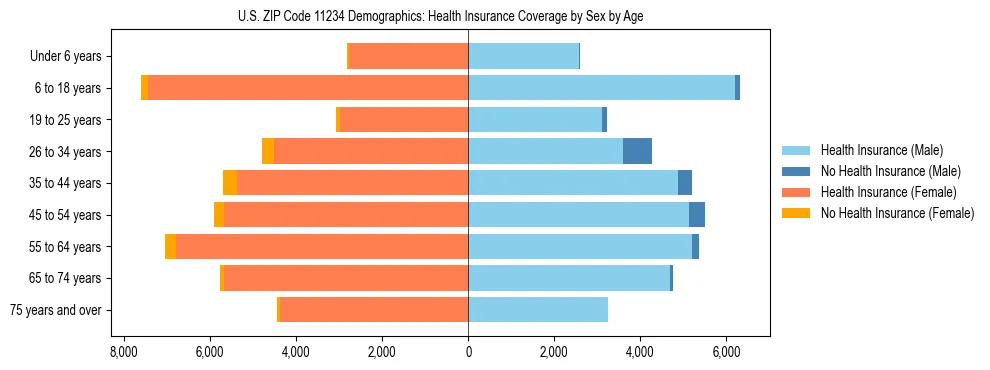 Pyramid chart showing health insurance coverage by age and sex in US ZIP Code 11234.