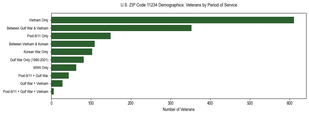 Horizontal bar chart showing veteran distribution by period of military service in US ZIP Code 11234, based on 2023 ACS data.