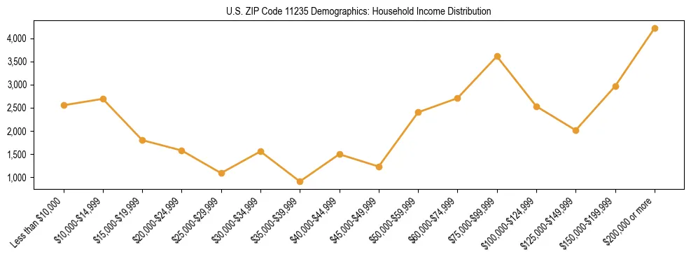Horizontal bar chart showing household income distribution in US ZIP Code 11235.
