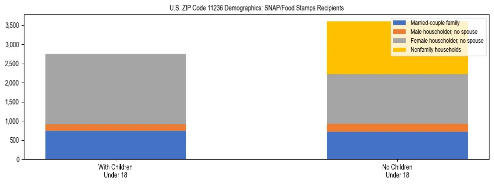 Stacked bar chart showing SNAP/Food Stamps recipient household composition by presence of children under 18 in US ZIP Code 11236, based on 2023 ACS data.