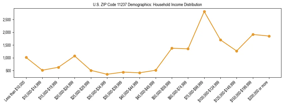 Horizontal bar chart showing household income distribution in US ZIP Code 11237.
