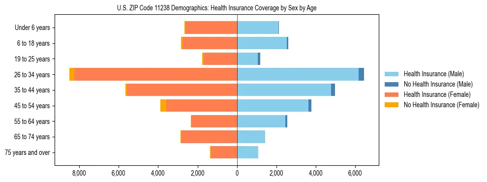 Pyramid chart showing health insurance coverage by age and sex in US ZIP Code 11238.