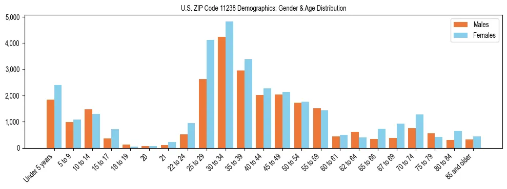 Bar chart showing the population distribution of US ZIP Code 11238 by age group and gender, based on 2023 ACS data.