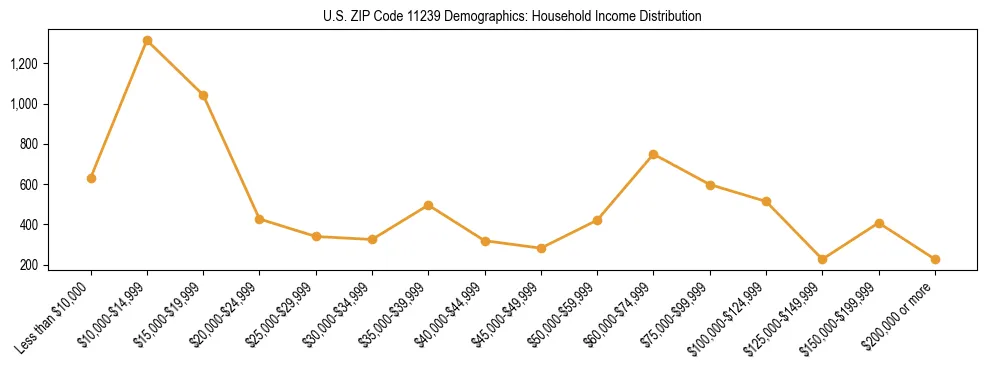 Horizontal bar chart showing household income distribution in US ZIP Code 11239.