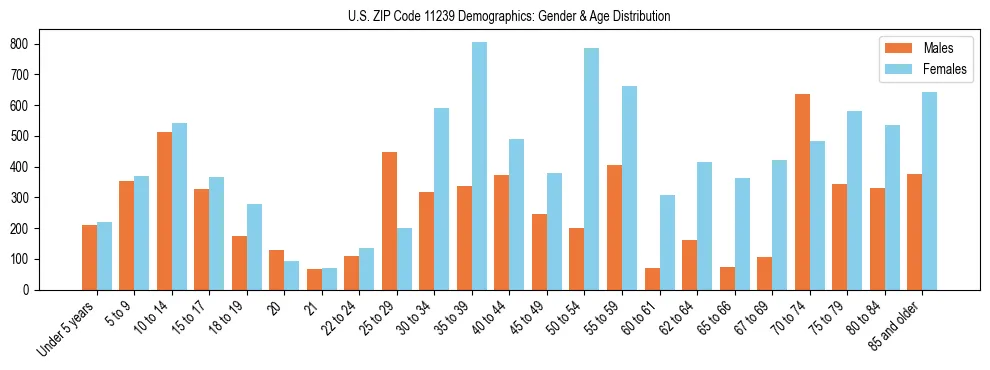 Bar chart showing the population distribution of US ZIP Code 11239 by age group and gender, based on 2023 ACS data.