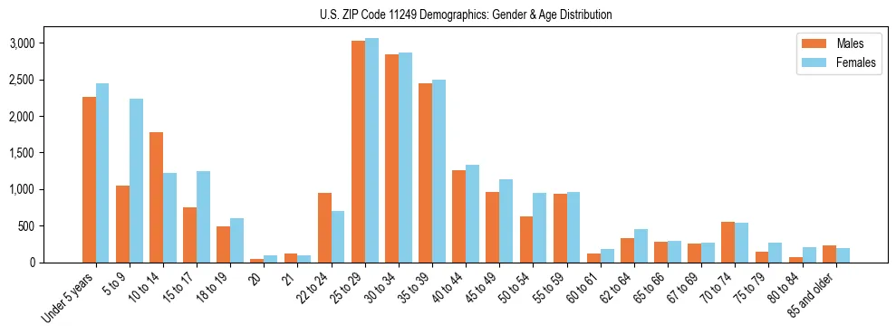 Bar chart showing the population distribution of US ZIP Code 11249 by age group and gender, based on 2023 ACS data.
