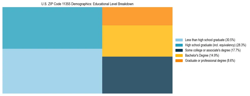 Treemap chart illustrating the educational attainment breakdown for population 25 years and over in US ZIP Code 11355.