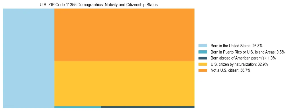 Treemap showing the population distribution by nativity and citizenship status in US ZIP Code 11355 based on U.S. Census data.