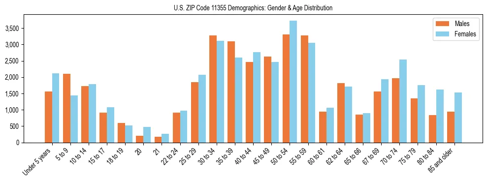 Bar chart showing the population distribution of US ZIP Code 11355 by age group and gender, based on 2023 ACS data.