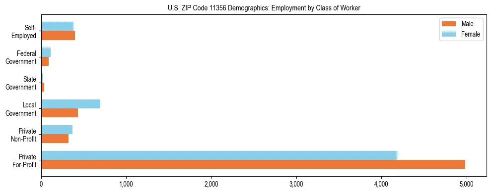 Horizontal bar chart showing employment distribution by class of worker and gender in US ZIP Code 11356, based on 2023 ACS data.