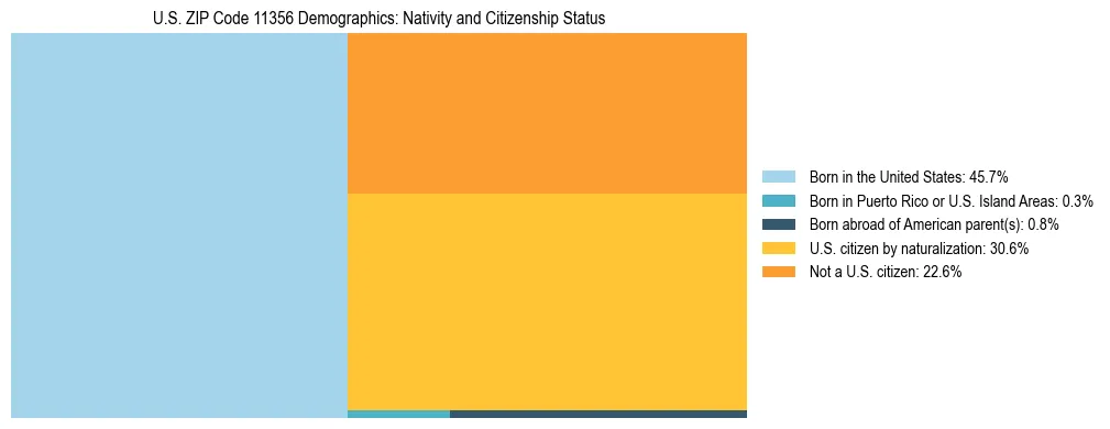 Treemap showing the population distribution by nativity and citizenship status in US ZIP Code 11356 based on U.S. Census data.