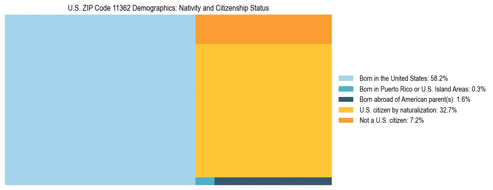 Treemap showing the population distribution by nativity and citizenship status in US ZIP Code 11362 based on U.S. Census data.
