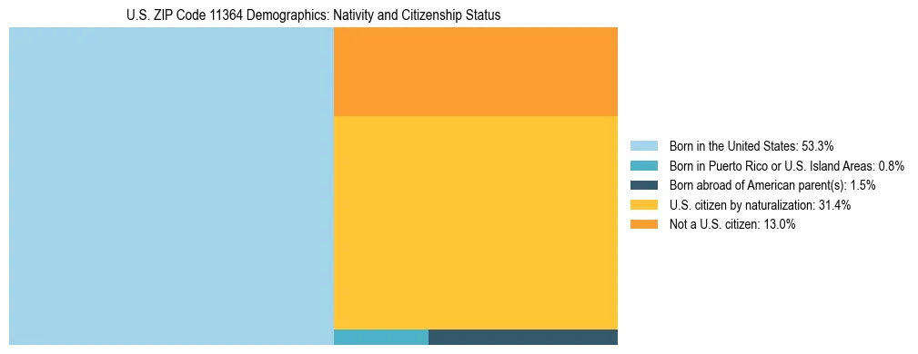 Treemap showing the population distribution by nativity and citizenship status in US ZIP Code 11364 based on U.S. Census data.