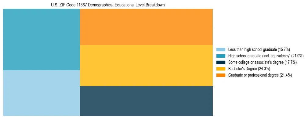 Treemap chart illustrating the educational attainment breakdown for population 25 years and over in US ZIP Code 11367.