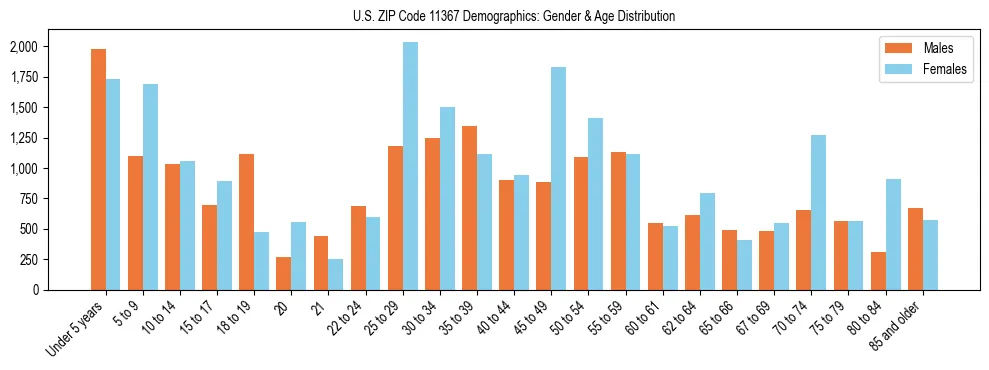 Bar chart showing the population distribution of US ZIP Code 11367 by age group and gender, based on 2023 ACS data.