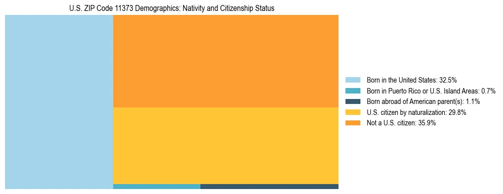 Treemap showing the population distribution by nativity and citizenship status in US ZIP Code 11373 based on U.S. Census data.