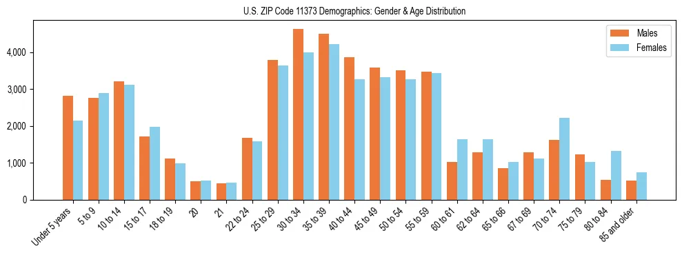 Bar chart showing the population distribution of US ZIP Code 11373 by age group and gender, based on 2023 ACS data.