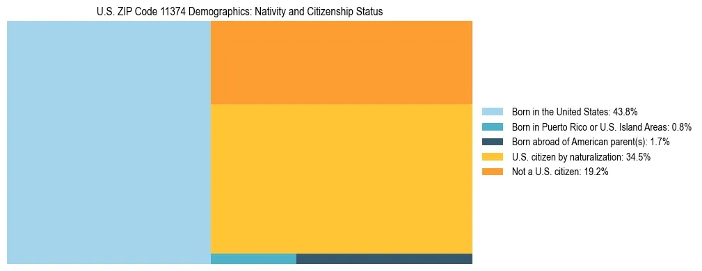 Treemap showing the population distribution by nativity and citizenship status in US ZIP Code 11374 based on U.S. Census data.