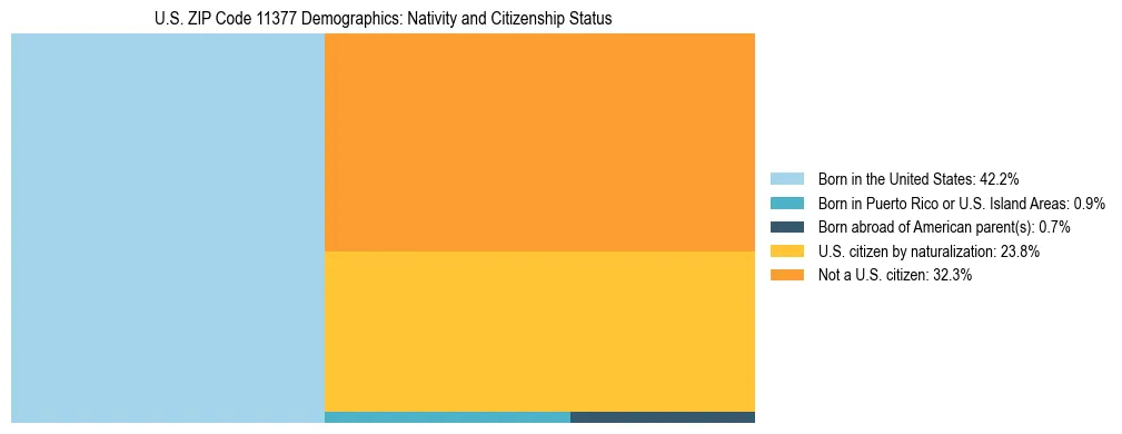 Treemap showing the population distribution by nativity and citizenship status in US ZIP Code 11377 based on U.S. Census data.