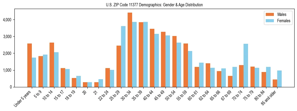 Bar chart showing the population distribution of US ZIP Code 11377 by age group and gender, based on 2023 ACS data.