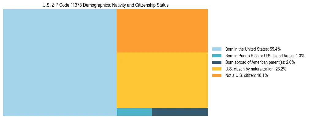 Treemap showing the population distribution by nativity and citizenship status in US ZIP Code 11378 based on U.S. Census data.