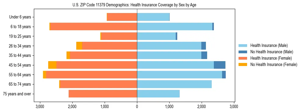 Pyramid chart showing health insurance coverage by age and sex in US ZIP Code 11379.