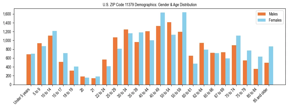 Bar chart showing the population distribution of US ZIP Code 11379 by age group and gender, based on 2023 ACS data.