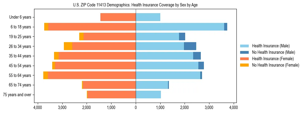 Pyramid chart showing health insurance coverage by age and sex in US ZIP Code 11413.