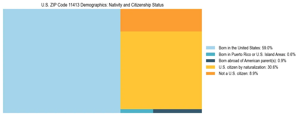 Treemap showing the population distribution by nativity and citizenship status in US ZIP Code 11413 based on U.S. Census data.