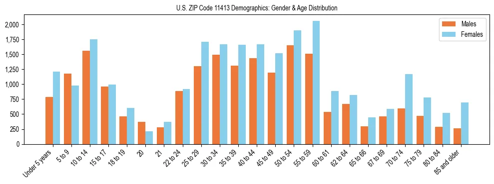 Bar chart showing the population distribution of US ZIP Code 11413 by age group and gender, based on 2023 ACS data.