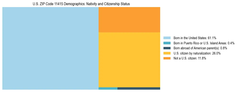 Treemap showing the population distribution by nativity and citizenship status in US ZIP Code 11415 based on U.S. Census data.