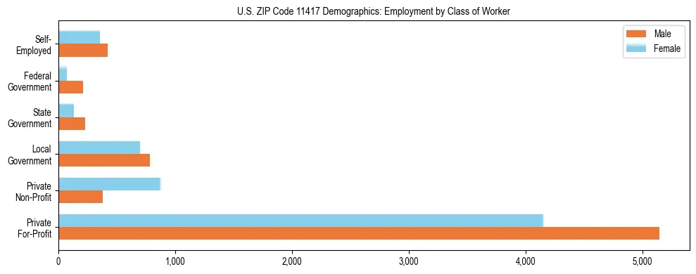 Horizontal bar chart showing employment distribution by class of worker and gender in US ZIP Code 11417, based on 2023 ACS data.