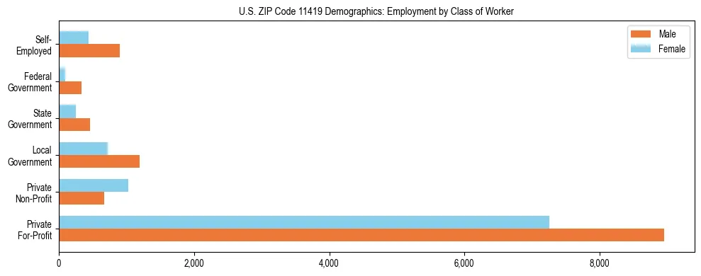 Horizontal bar chart showing employment distribution by class of worker and gender in US ZIP Code 11419, based on 2023 ACS data.