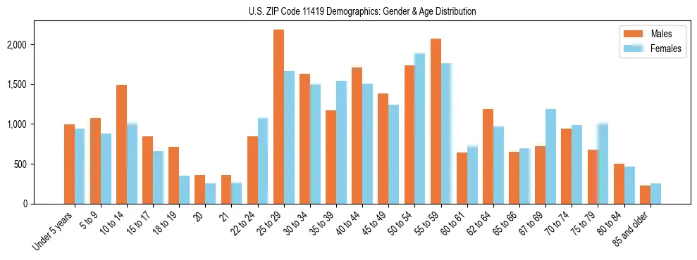 Bar chart showing the population distribution of US ZIP Code 11419 by age group and gender, based on 2023 ACS data.