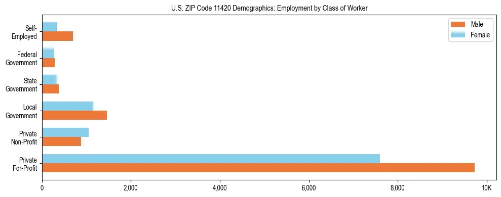 Horizontal bar chart showing employment distribution by class of worker and gender in US ZIP Code 11420, based on 2023 ACS data.