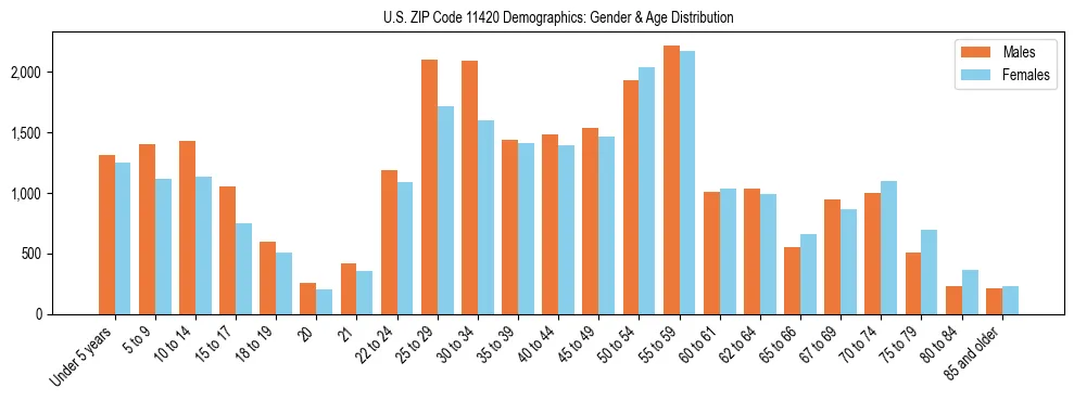 Bar chart showing the population distribution of US ZIP Code 11420 by age group and gender, based on 2023 ACS data.