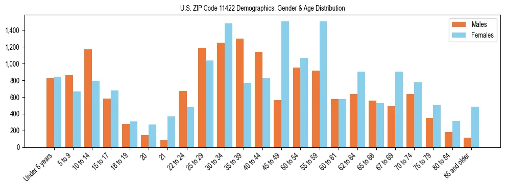 Bar chart showing the population distribution of US ZIP Code 11422 by age group and gender, based on 2023 ACS data.