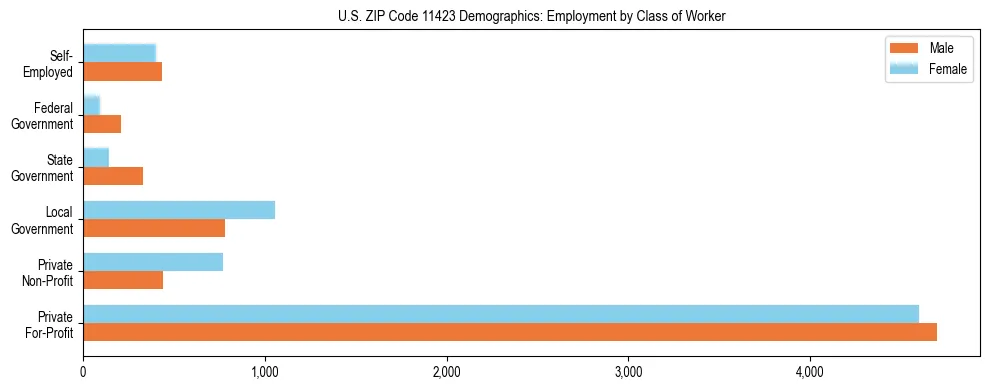 Horizontal bar chart showing employment distribution by class of worker and gender in US ZIP Code 11423, based on 2023 ACS data.