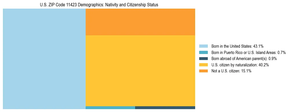 Treemap showing the population distribution by nativity and citizenship status in US ZIP Code 11423 based on U.S. Census data.