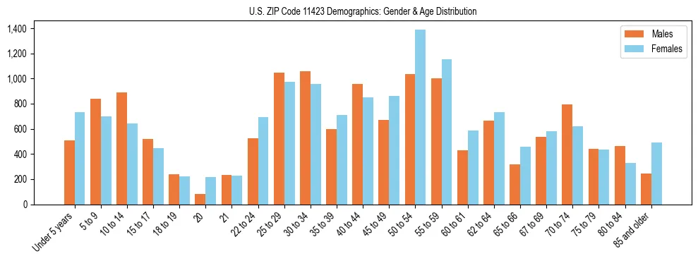 Bar chart showing the population distribution of US ZIP Code 11423 by age group and gender, based on 2023 ACS data.