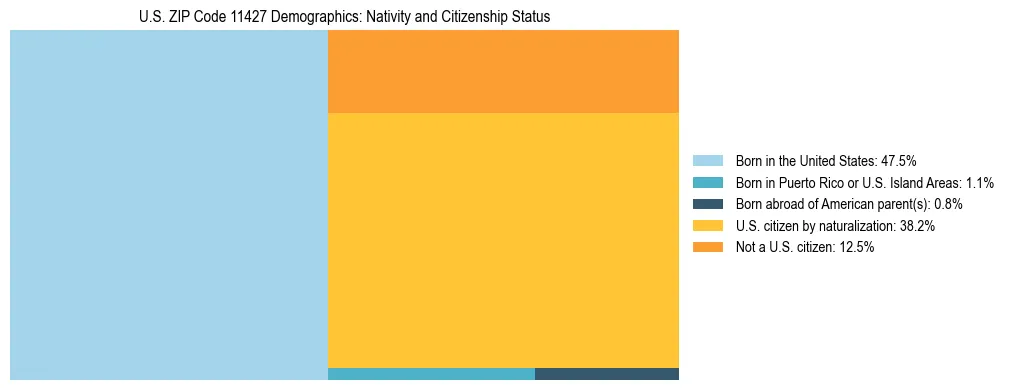 Treemap showing the population distribution by nativity and citizenship status in US ZIP Code 11427 based on U.S. Census data.