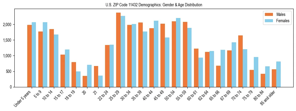 Bar chart showing the population distribution of US ZIP Code 11432 by age group and gender, based on 2023 ACS data.