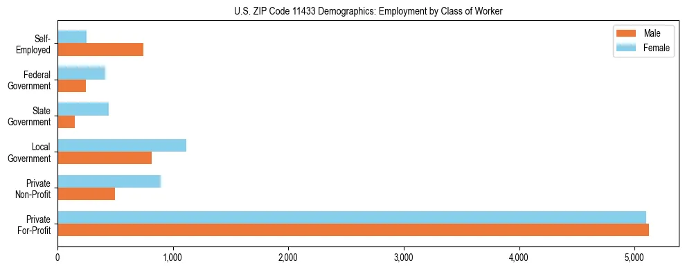 Horizontal bar chart showing employment distribution by class of worker and gender in US ZIP Code 11433, based on 2023 ACS data.