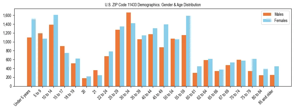 Bar chart showing the population distribution of US ZIP Code 11433 by age group and gender, based on 2023 ACS data.