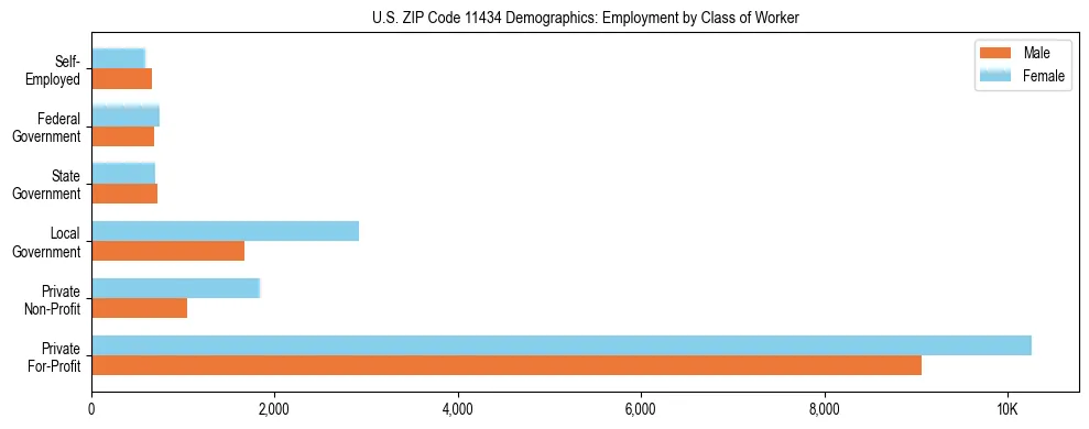Horizontal bar chart showing employment distribution by class of worker and gender in US ZIP Code 11434, based on 2023 ACS data.