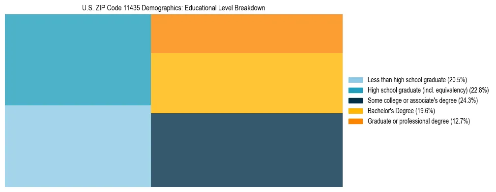 Treemap chart illustrating the educational attainment breakdown for population 25 years and over in US ZIP Code 11435.